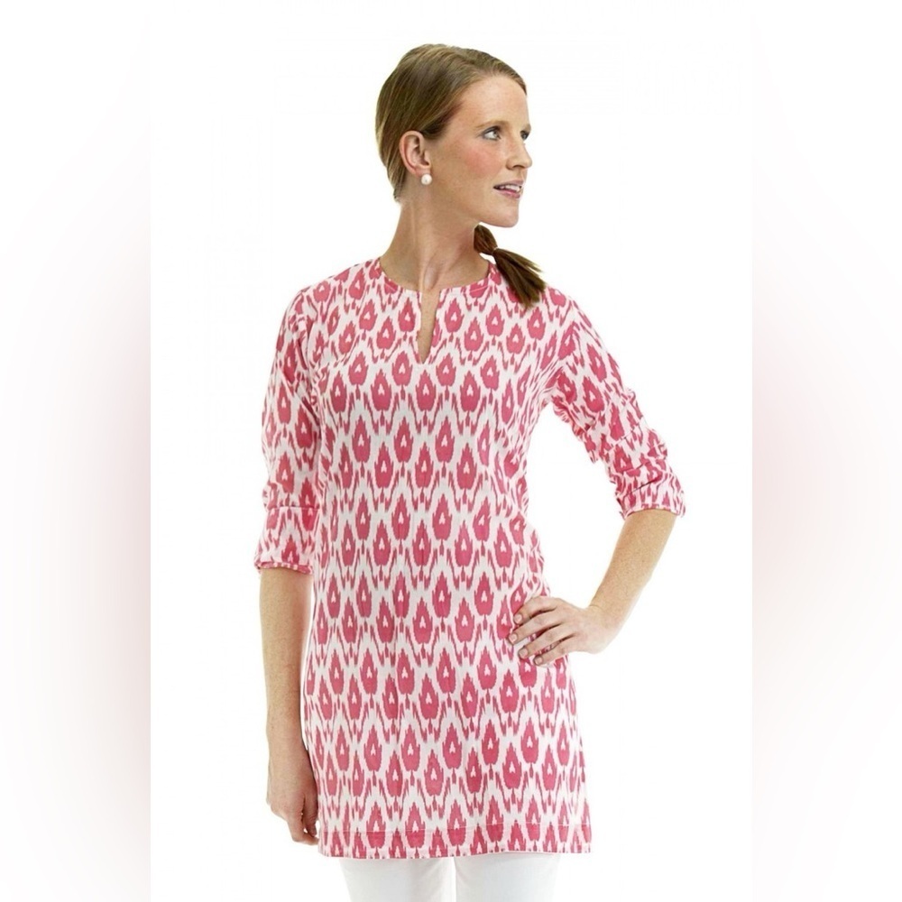 Gretchen Scott Tunic Pink Ikat Print Tunic Geometric Beach coverup boho Large